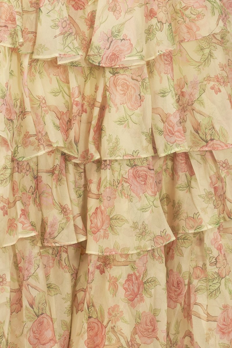 Yellow - Strapless A Line Floral Chiffon Ruffled Prom Dresses With Beading