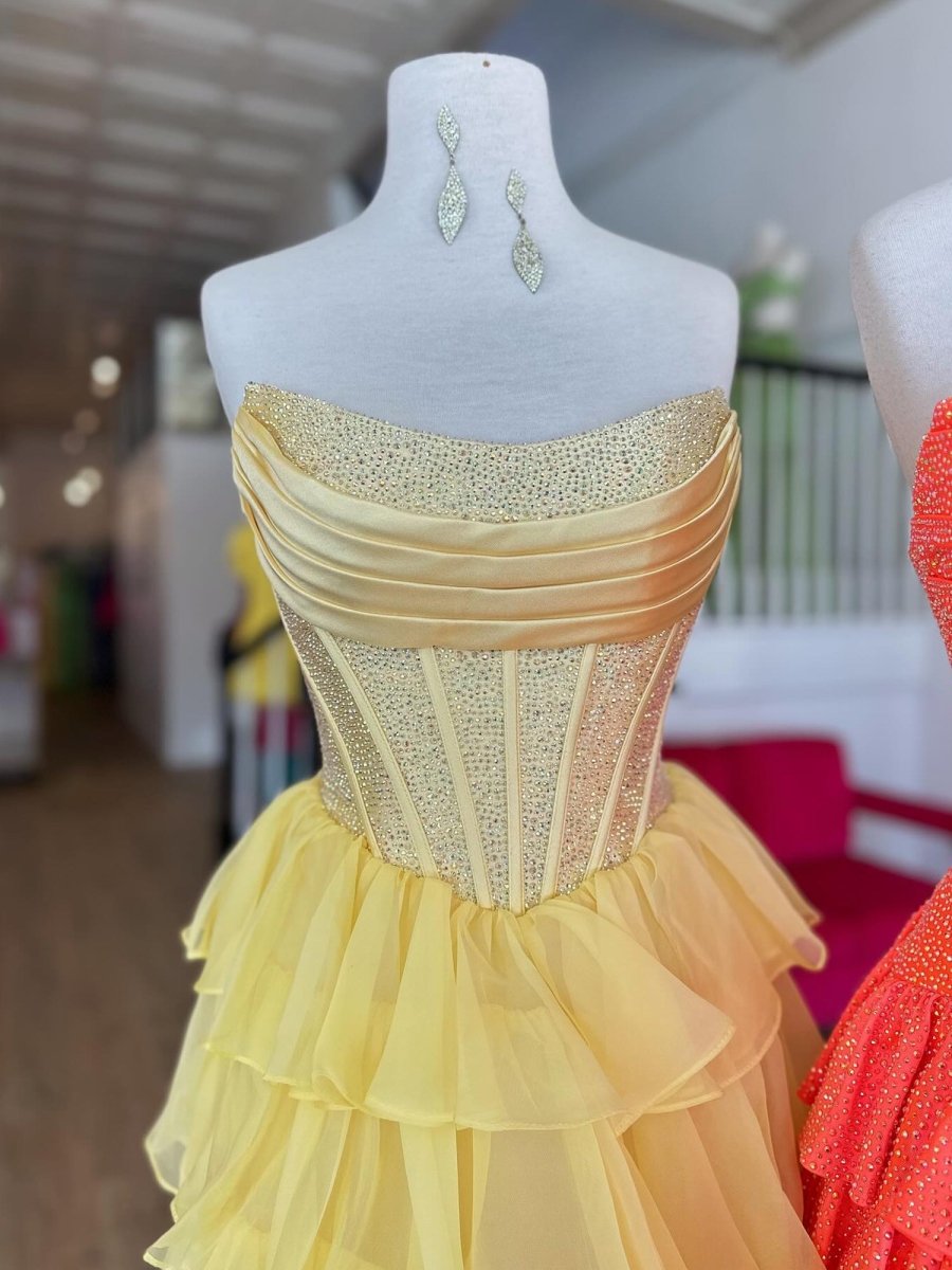 Yellow - Strapless A Line Chiffon Beaded Homecoming Dress With Ruffles