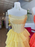 Yellow - Strapless A Line Chiffon Beaded Homecoming Dress With Ruffles