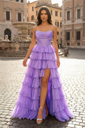 Lilac - A Line Strapless Chiffon Beaded Corset Long Prom Dress With Slit