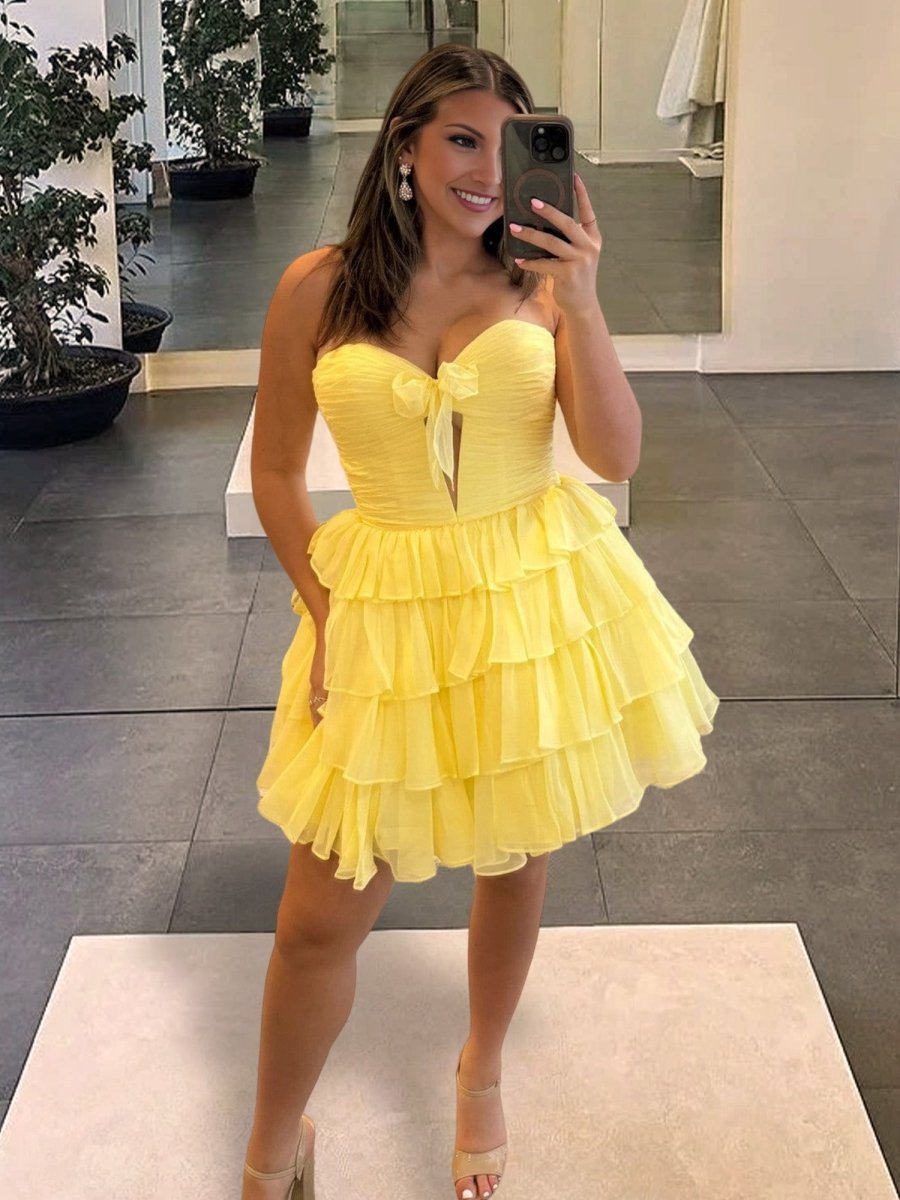 Yellow - Strapless A Line Chiffon Ruffled Cocktail Dresses With Bow