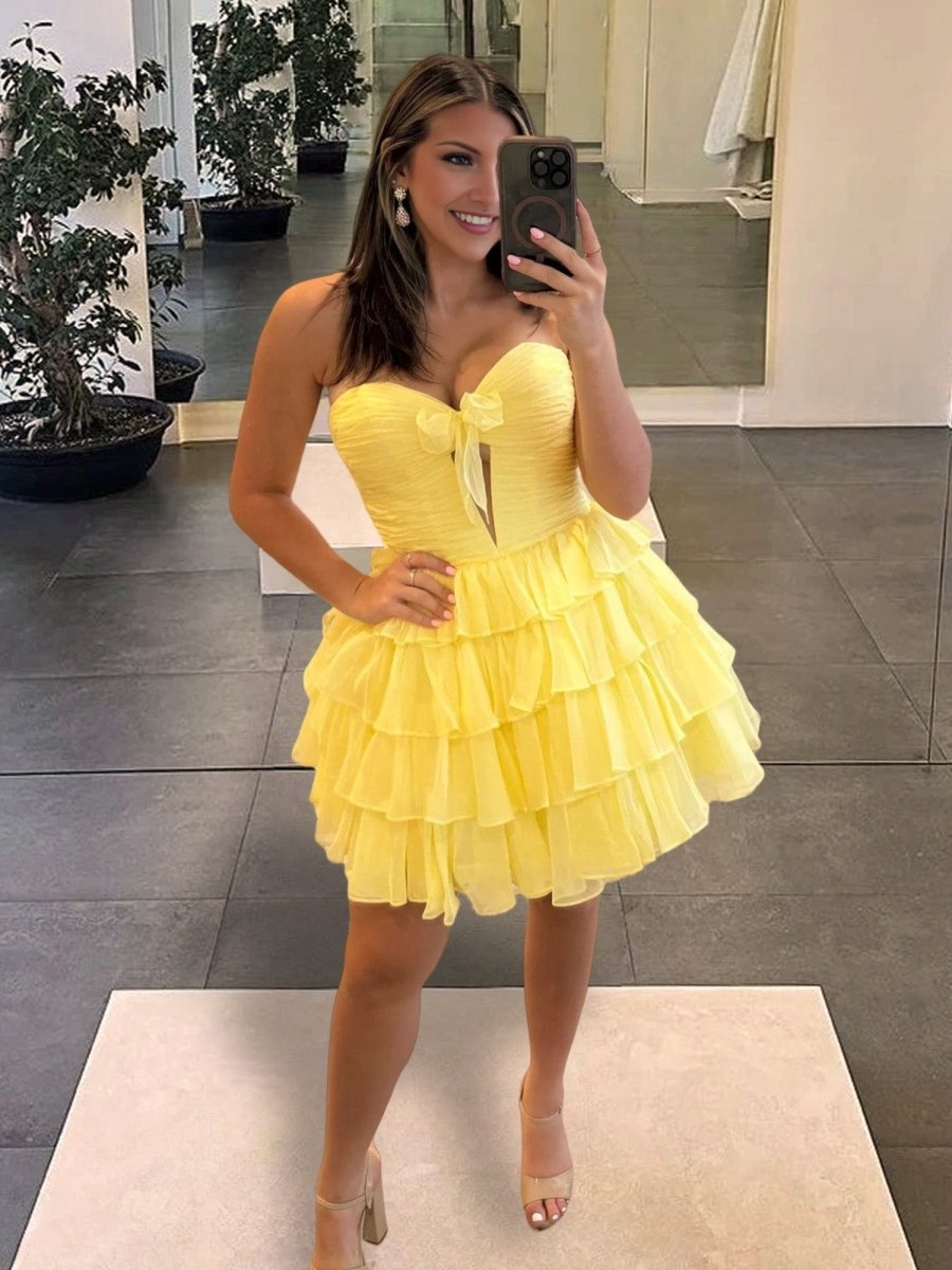 Yellow - Strapless A Line Chiffon Ruffled Cocktail Dresses With Bow