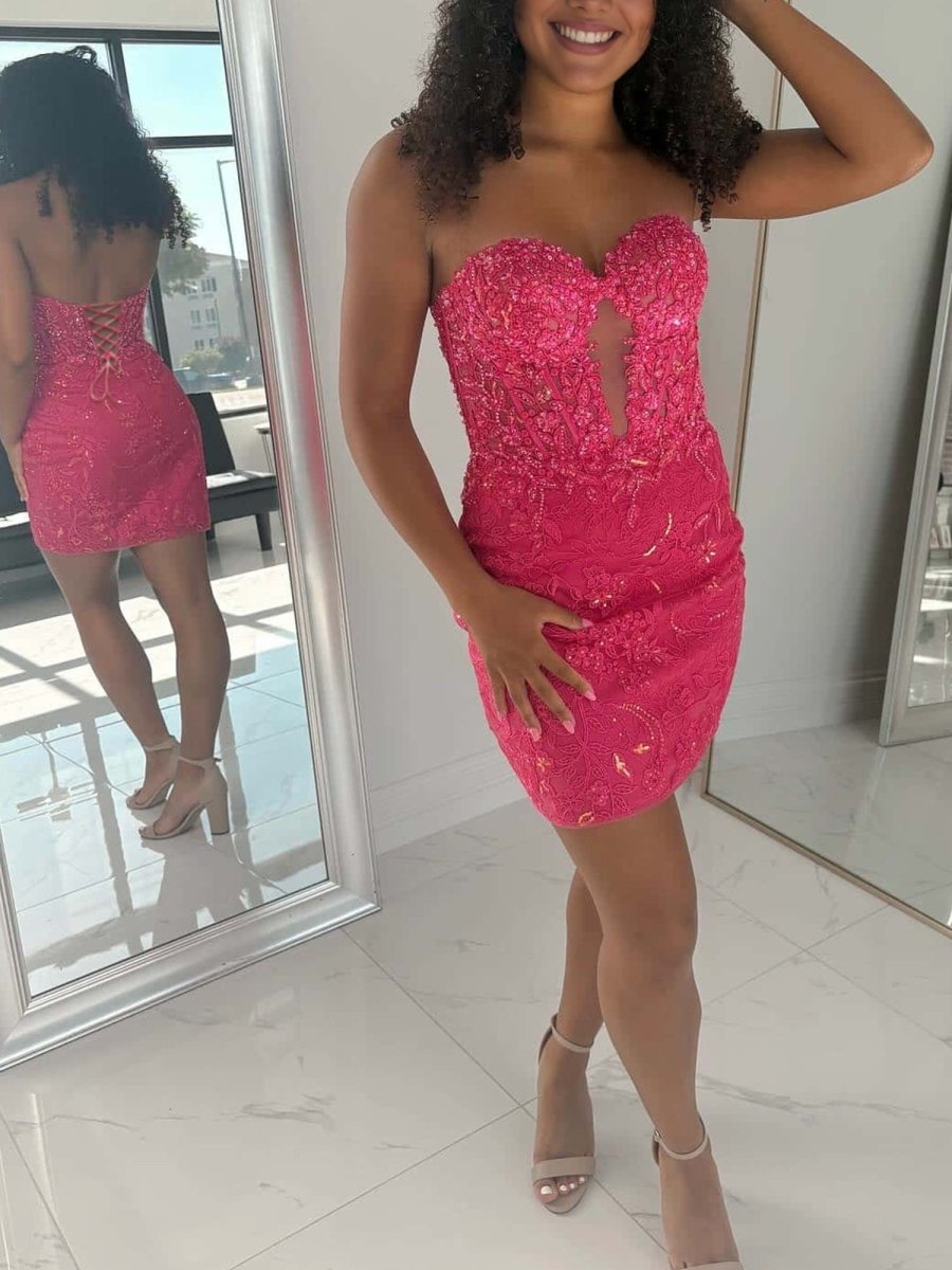 Fuchsia - Bodycon Sweetheart Lace Short Tight Mini Party Dresses with Appliques