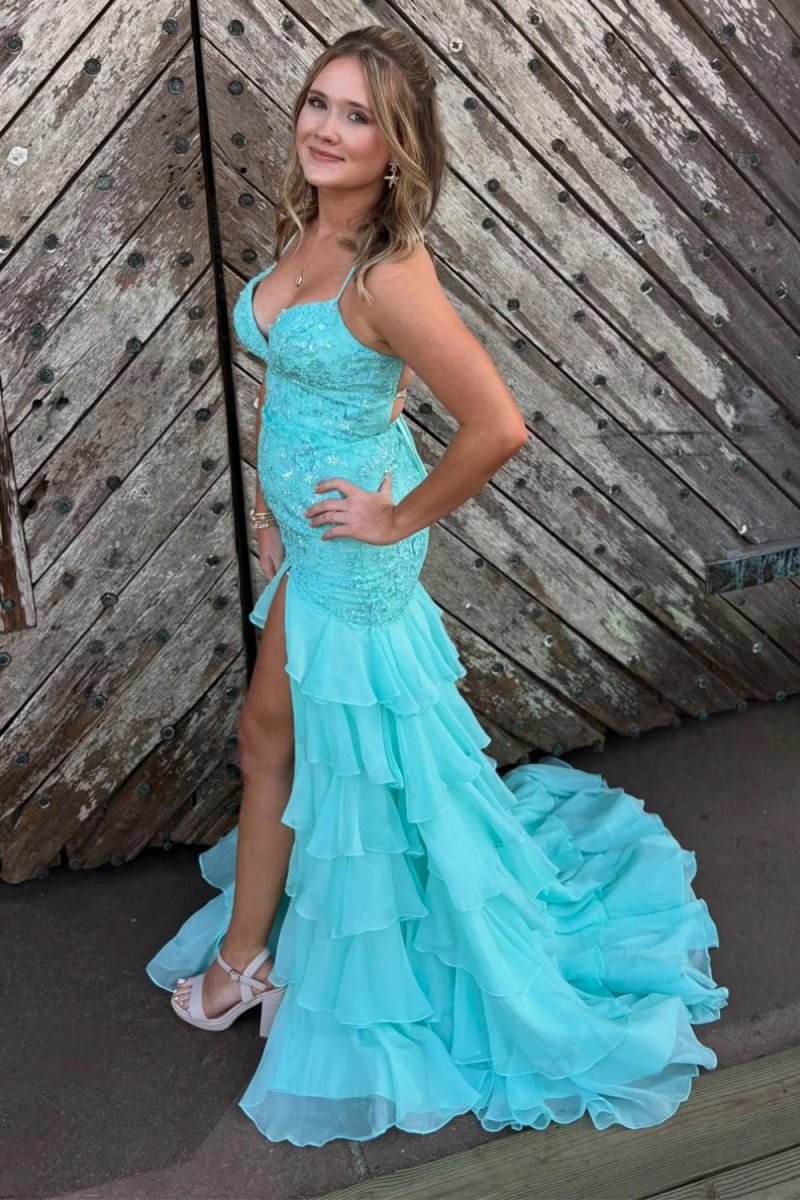 Aqua - Spaghetti Straps Mermaid Lace Appliqued Prom Dresses With Ruffles