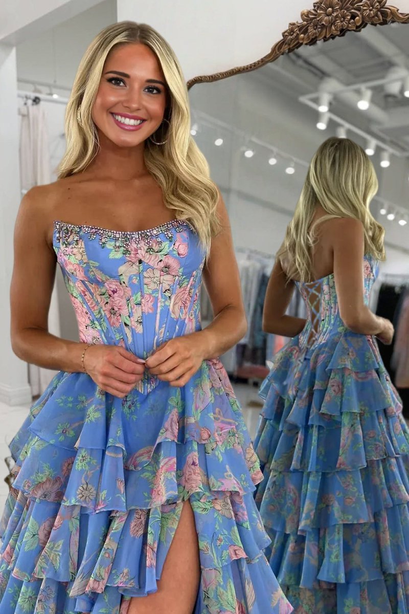 Periwinkle - Strapless A Line Floral Chiffon Ruffled Prom Dresses With Beading