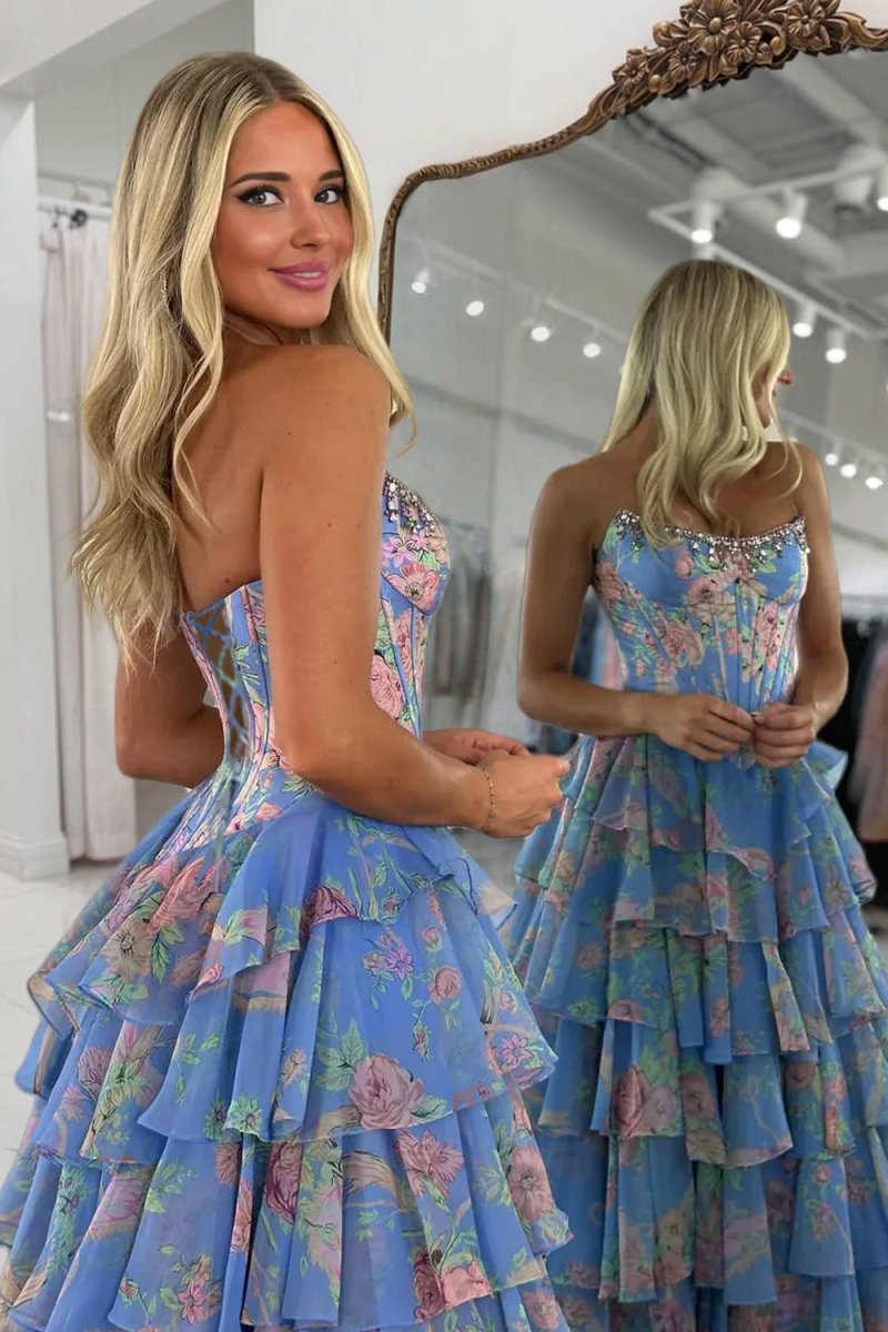 Periwinkle - Strapless A Line Floral Chiffon Ruffled Prom Dresses With Beading
