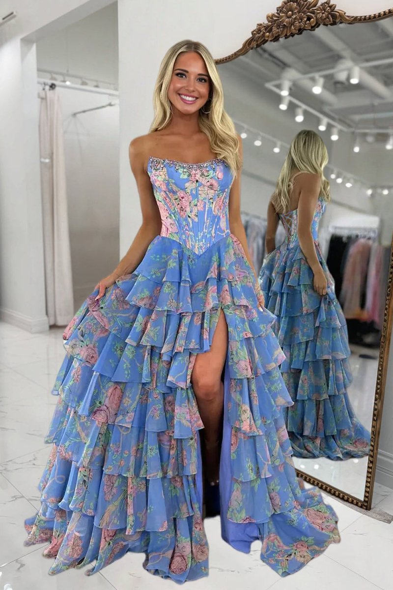 Periwinkle - Strapless A Line Floral Chiffon Ruffled Prom Dresses With Beading