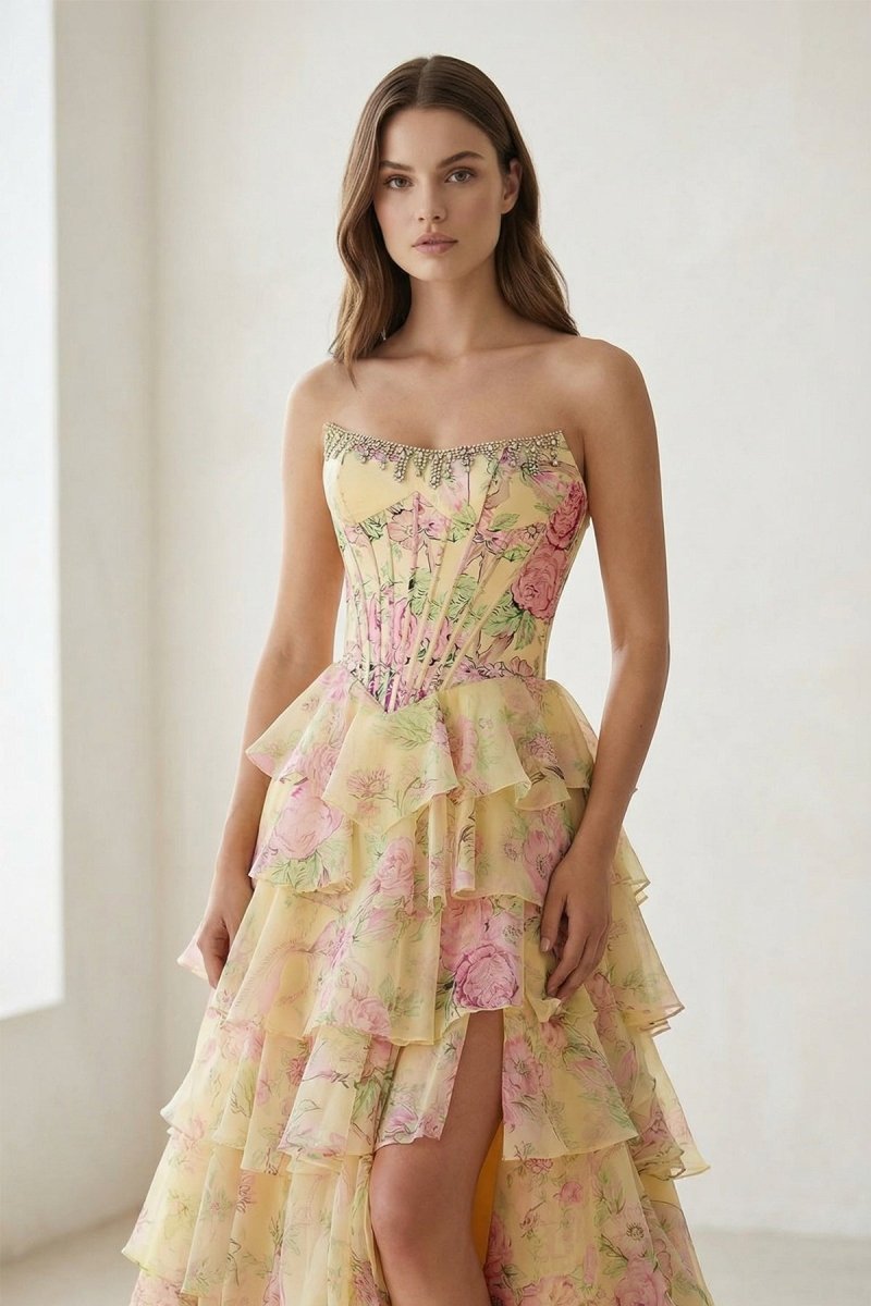 Yellow - Strapless A Line Floral Chiffon Ruffled Prom Dresses With Beading