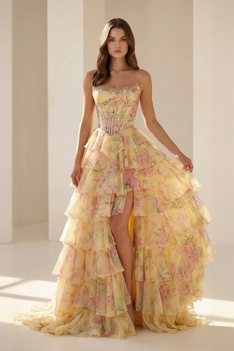 Yellow - Strapless A Line Floral Chiffon Ruffled Prom Dresses With Beading