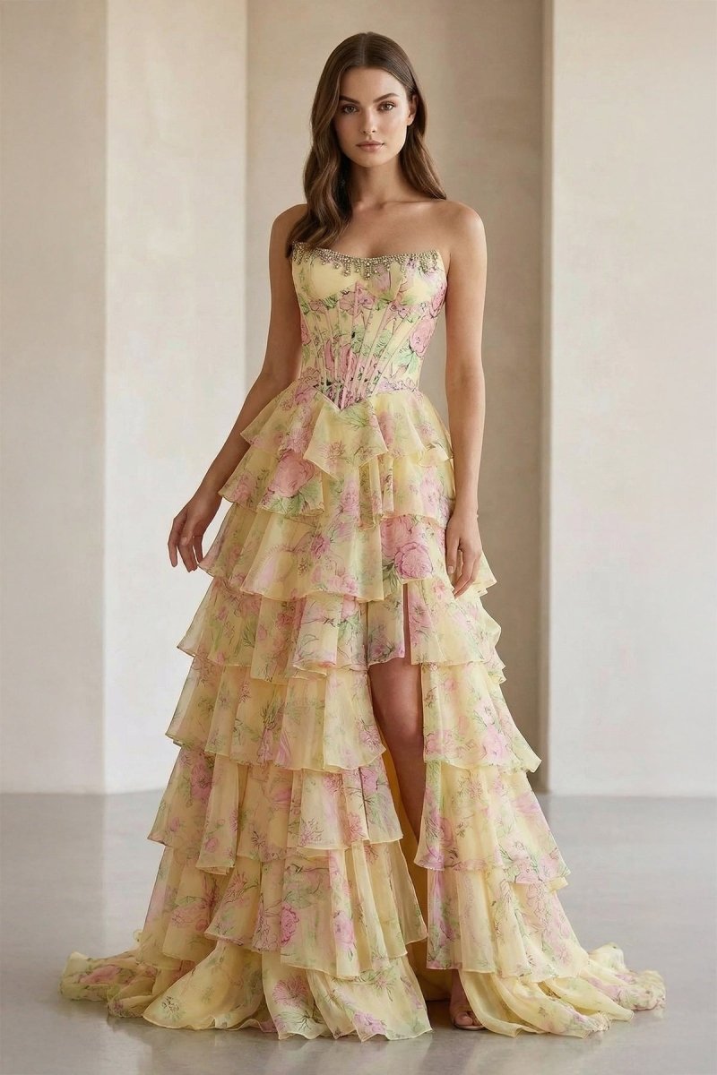 Yellow - Strapless A Line Floral Chiffon Ruffled Prom Dresses With Beading