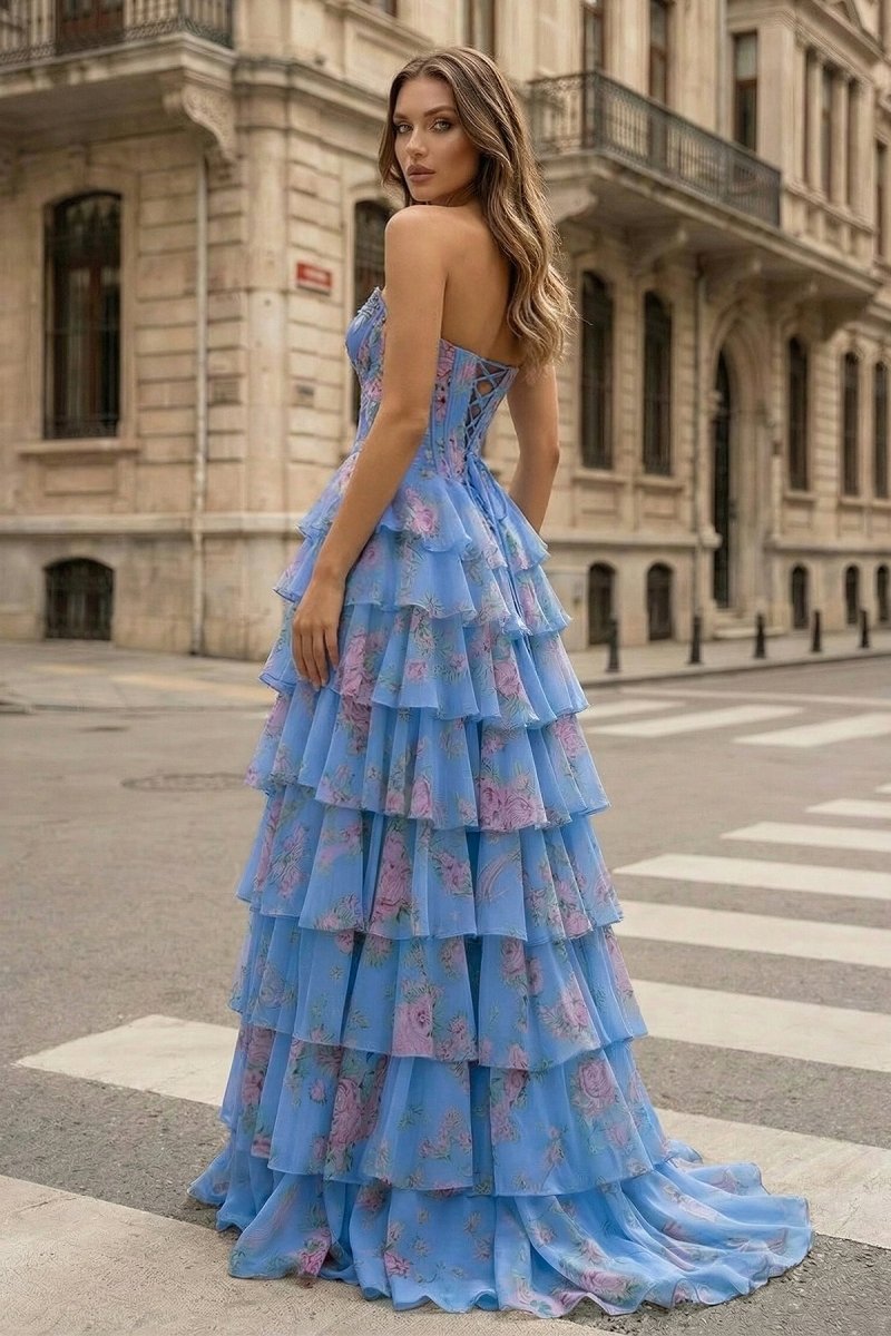 Periwinkle - Strapless A Line Floral Chiffon Ruffled Prom Dresses With Beading