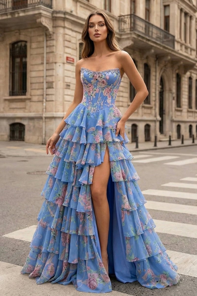 Periwinkle - Strapless A Line Floral Chiffon Ruffled Prom Dresses With Beading