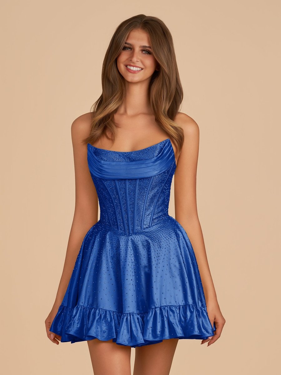 Royal Blue - A Line Scoop Neck Satin Corset Ruffled Homecoming Dresses With Beadings