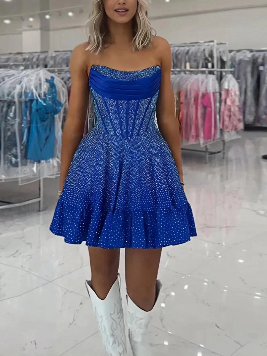 Royal Blue - A Line Scoop Neck Satin Corset Ruffled Homecoming Dresses With Beadings
