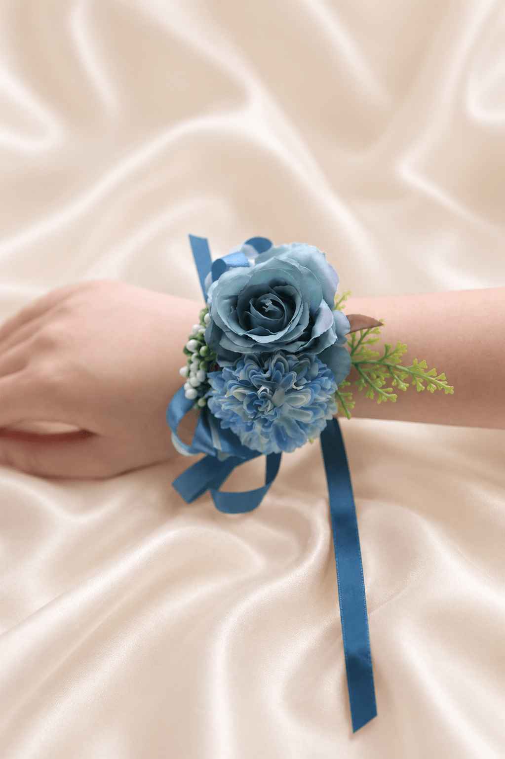 Silk Roses Artificial Bridesmaid Wrist Corsage in Blue